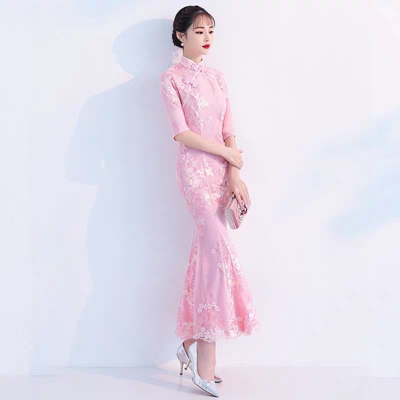 Improved version of cheongsam 2019 new autumn girl long section fresh and elegant fishtail Austrian dress female small fragrance