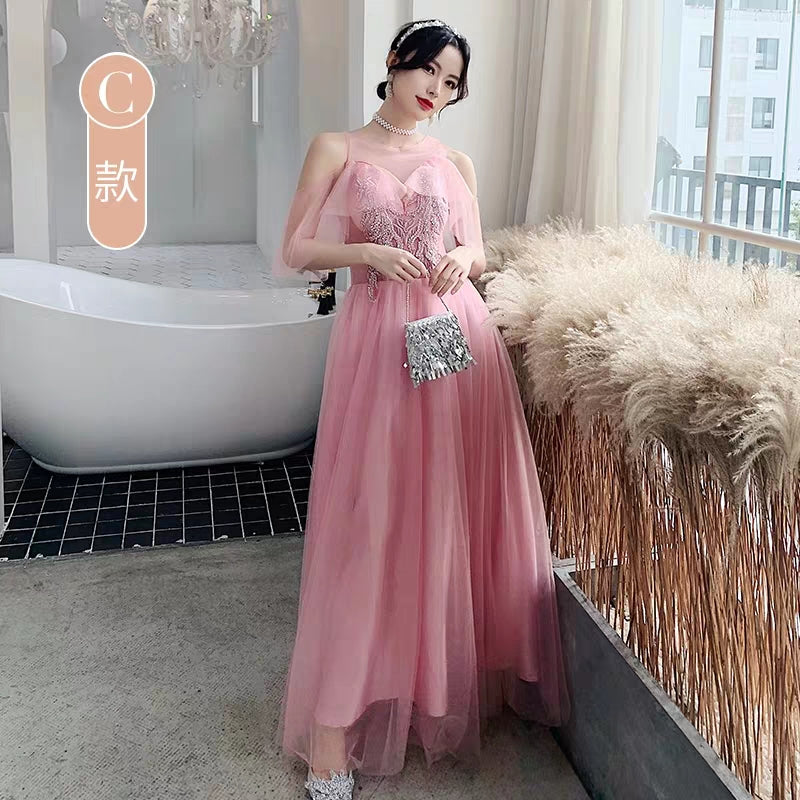Pink bridesmaid dress 2019 new winter long section annual meeting evening dress skirt sister group wedding dress female was thin