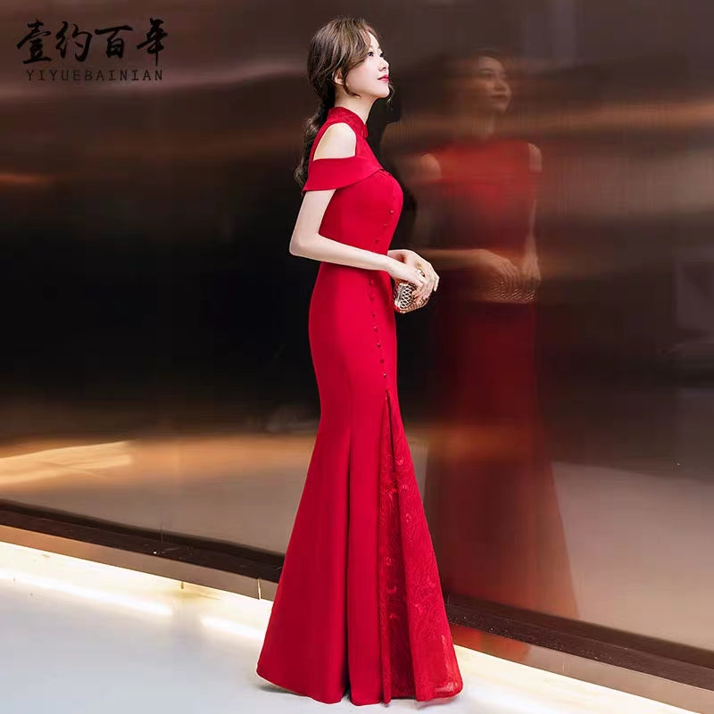 Bride wedding dress toast service 2020 new red Chinese stand-up collar slim fishtail wedding back door evening dress