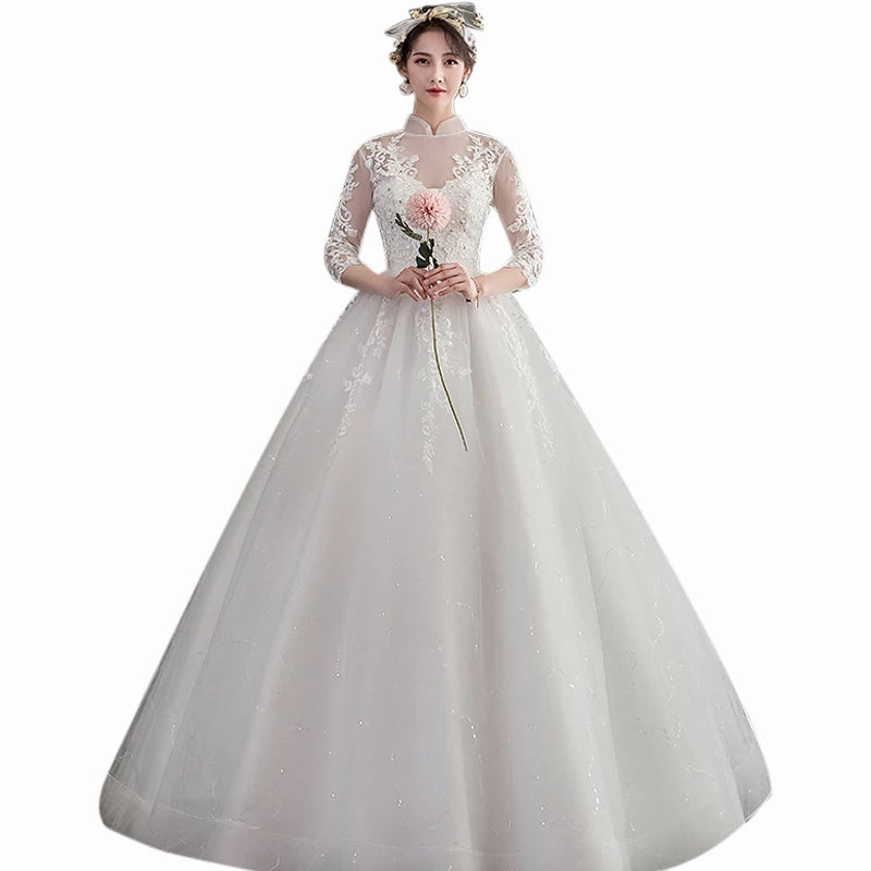 AR714 Elegant High Collar Wedding Dress Plus Size Three Quarter Sleeve Sequin Vestidos De Novia