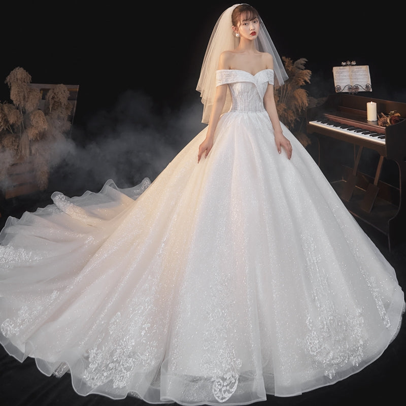 New temperament one-word shoulder wedding bride star tail small man slim retro wedding dress