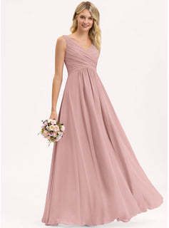 A-Line V-neck Floor-Length Chiffon Bridesmaid Dress With Ruffle, Long Bridesmaid Dresses