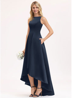 A-Line Scoop Neck Asymmetrical Satin Bridesmaid Dress With Pockets High-Low Bridesmaid Dresses