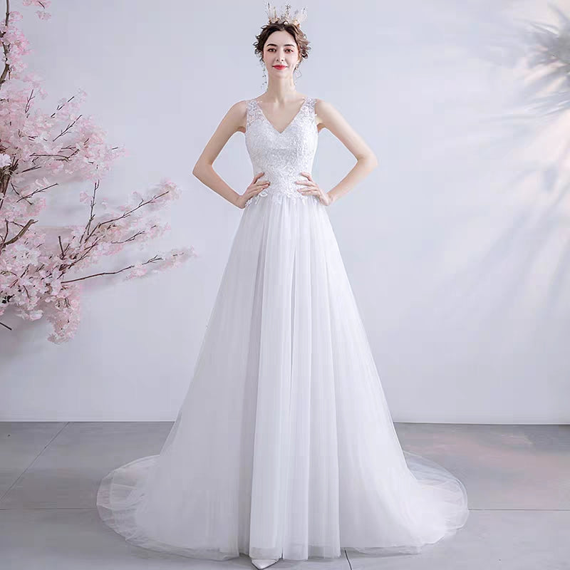 Angel's wedding dress sexy deep V collarback travel shoot landscape seaview bride lace tail light wedding dress 218
