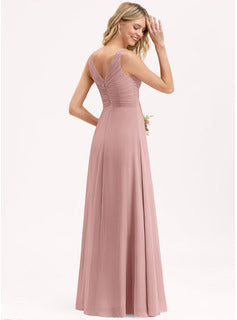 A-Line V-neck Floor-Length Chiffon Bridesmaid Dress With Ruffle, Long Bridesmaid Dresses