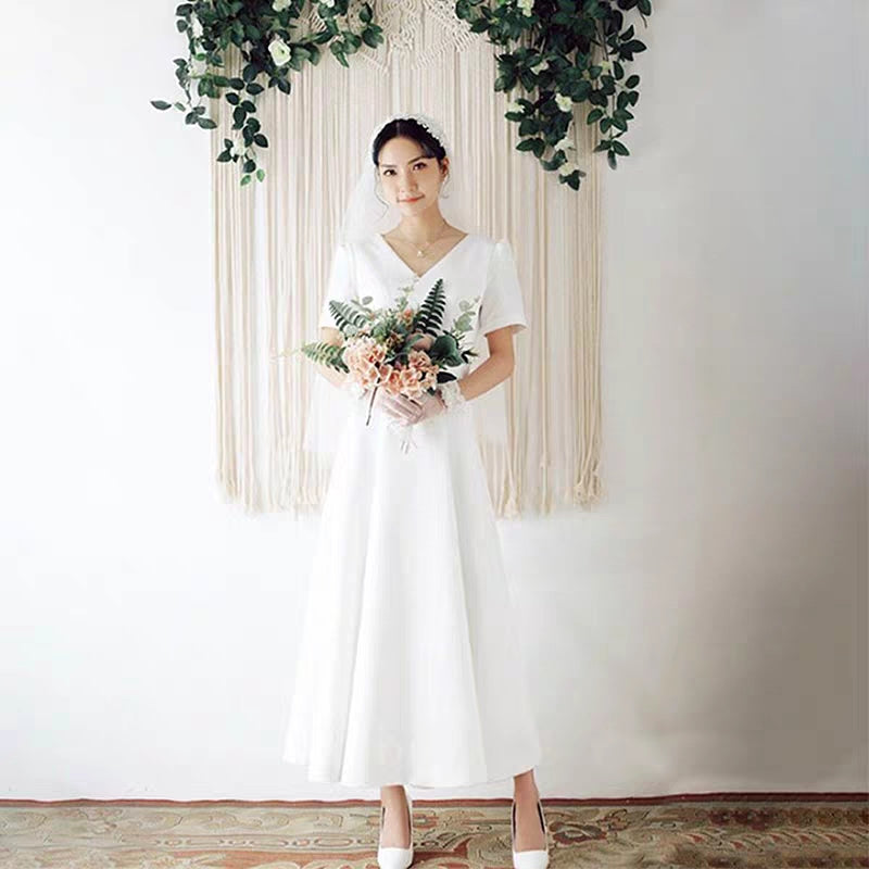French light wedding dress super fairy simple daily pat siphon white temperament trim long evening dress autumn