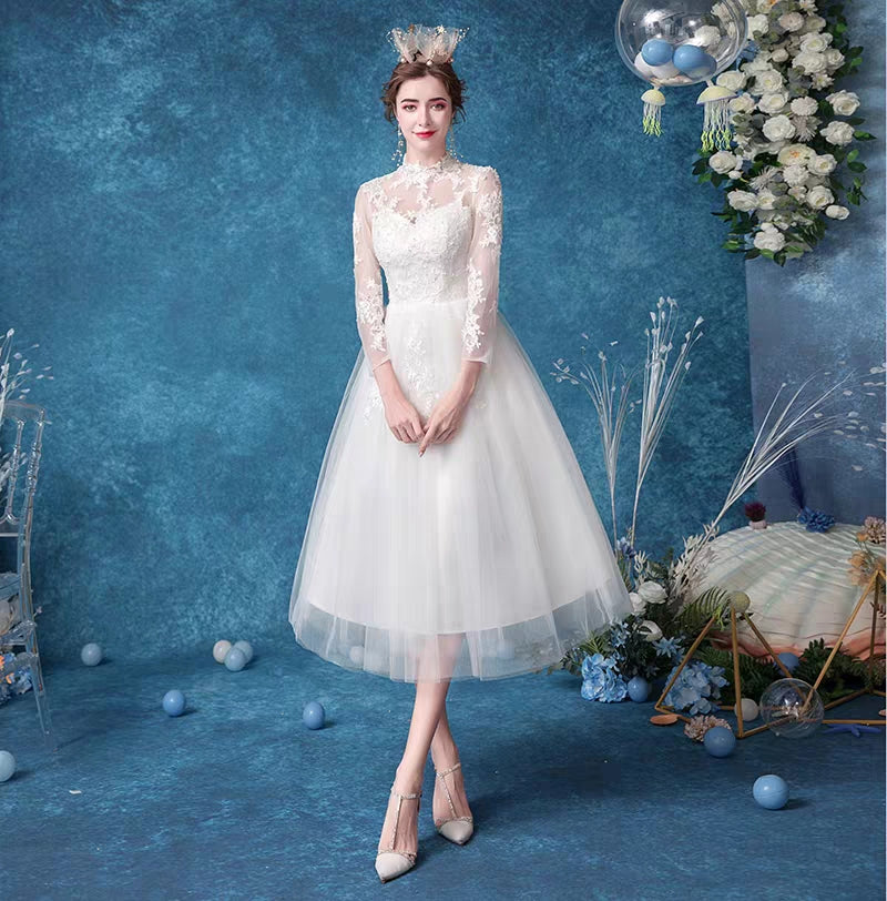 Fashion Lace Collar Long Sleeve Bridesmaid Dress Short Princess Bride Wedding Dress New 313 Spring