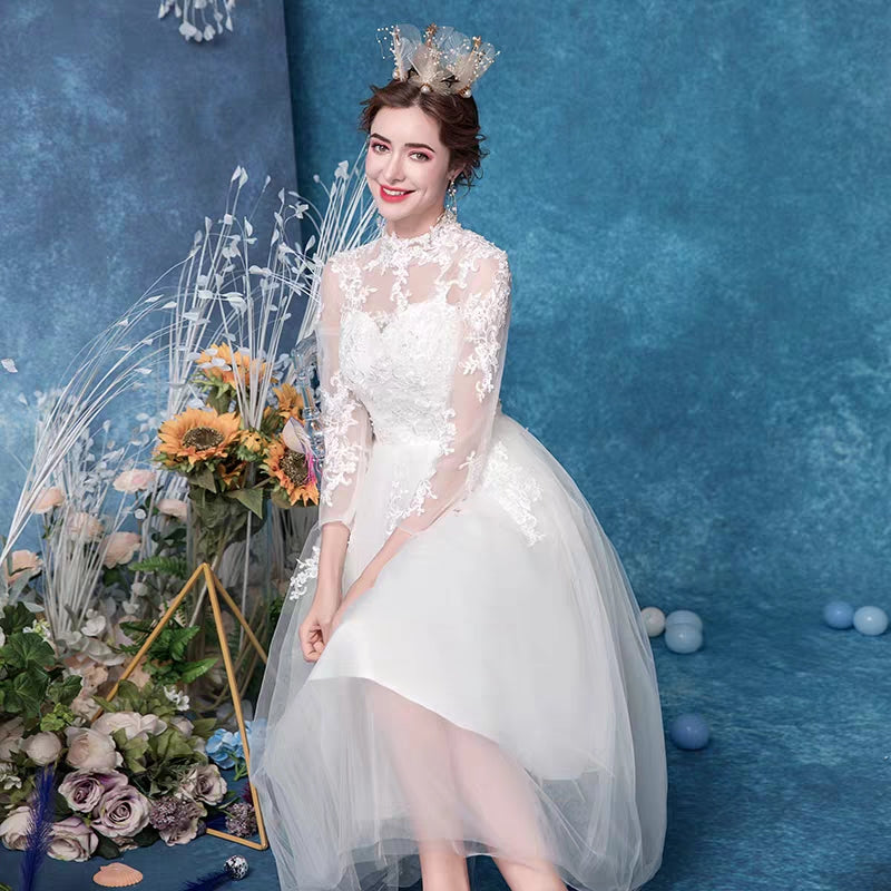 Fashion Lace Collar Long Sleeve Bridesmaid Dress Short Princess Bride Wedding Dress New 313 Spring
