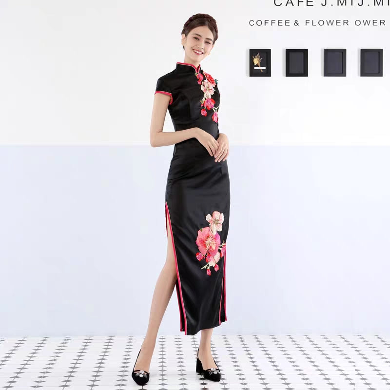 White flowers improved cheongsam long banquet evening dress choir performance costume bridesmaid dress wholesale 10052