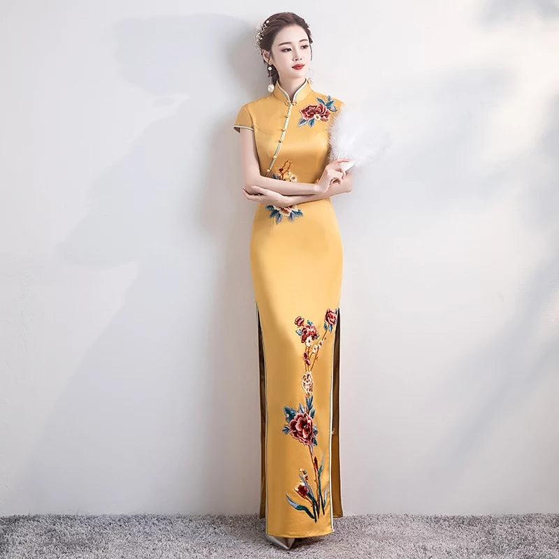 Chinese Style Party Women Floor Length Dress Embroidery Elegant Banquet Long Qipao Female Slim Cheongsam Gowns