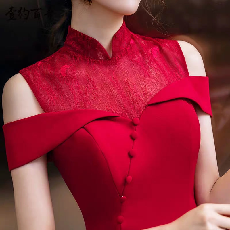 Bride wedding dress toast service 2020 new red Chinese stand-up collar slim fishtail wedding back door evening dress