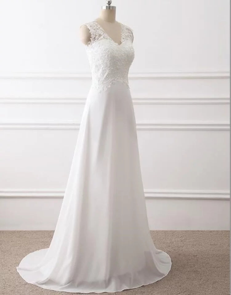 Elegant Cap Sleeve V-Neck Backless Lace Beading Chiffon A-Line Bride Dress Wedding Dress