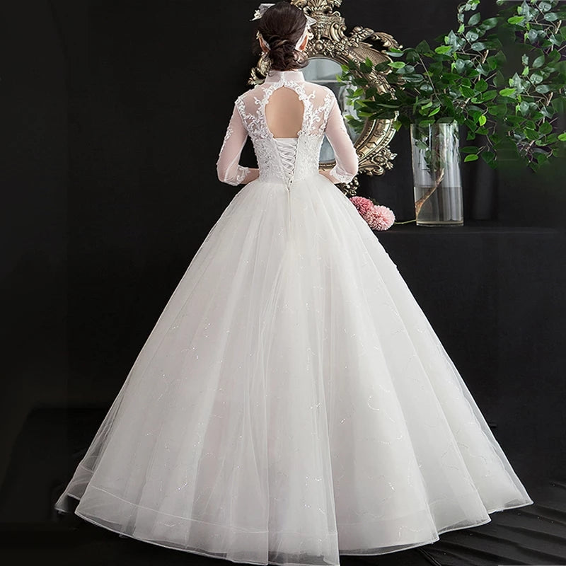 AR714 Elegant High Collar Wedding Dress Plus Size Three Quarter Sleeve Sequin Vestidos De Novia