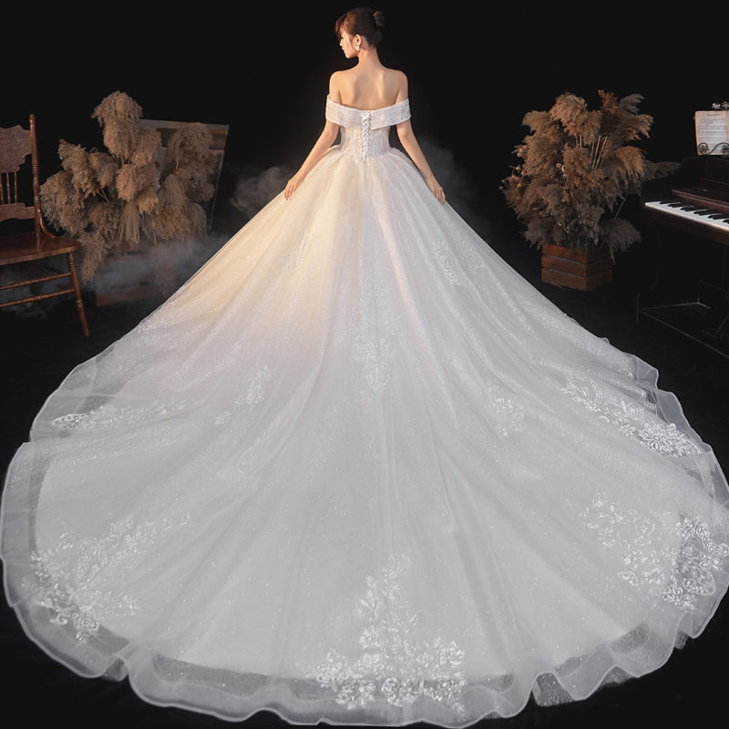 New temperament one-word shoulder wedding bride star tail small man slim retro wedding dress