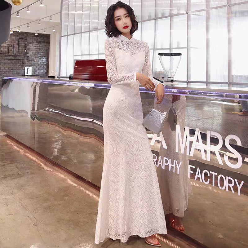 French cheongsam young improved girl dress women's white long fishtail banquet retro elegant Chinese wind