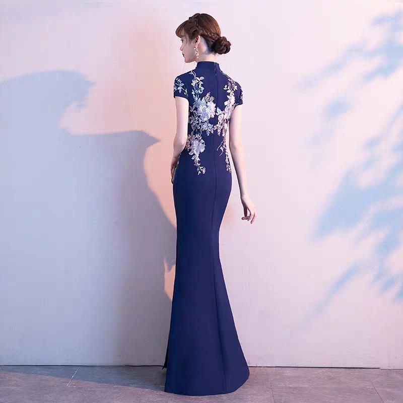 Banquet evening dress female 2019 new noble host fishtail slim high-end Chinese temperament cheongsam dress