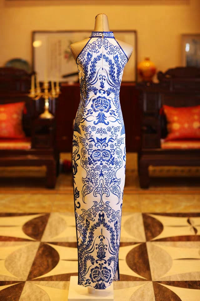 Blue and white porcelain cheongsam long stage catwalk improved costume Chinese style Chinese dress wholesale 10077