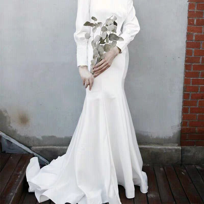 New Sexy Backless Retro Long Sleeve Fishtail Banquet Evening Dress Slim Thin Wedding Travel Photo Girl