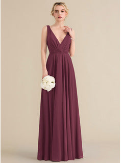Long Bridesmaid Dresses A-Line V-neck Floor-Length Chiffon Bridesmaid Dress With Ruffle