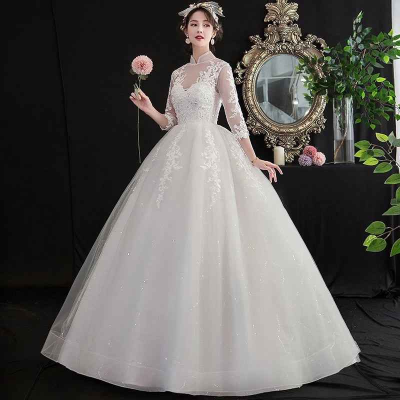 AR714 Elegant High Collar Wedding Dress Plus Size Three Quarter Sleeve Sequin Vestidos De Novia
