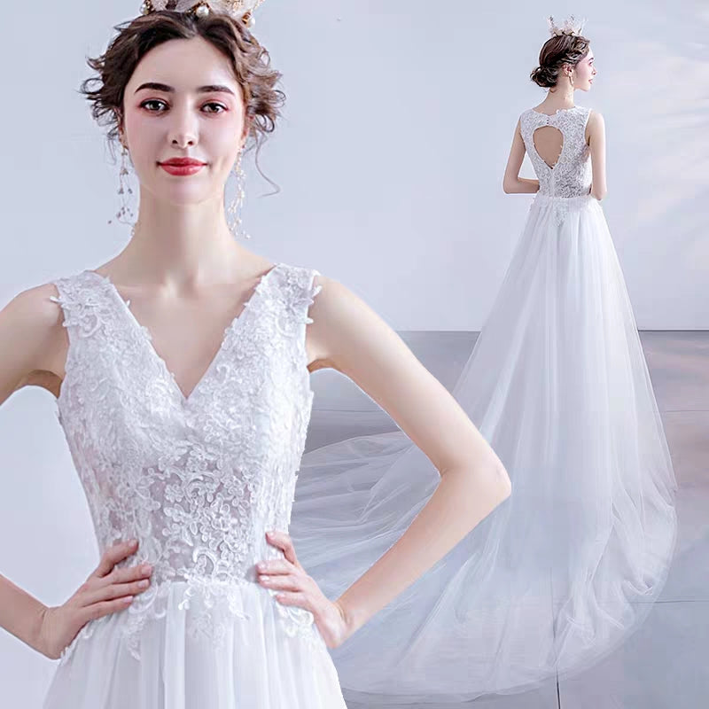 Angel's wedding dress French lace deep V-neck princess bride sexy bare-back edf shoot sieve light wedding dress 187