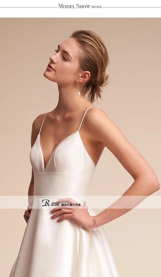 New V-shaped sling satin wedding dress simple trailing bride toast clothing art photo travel light wedding dress