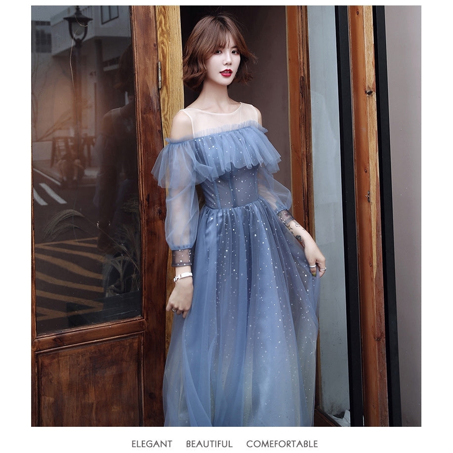 Blue sequined bridesmaid dress cocktail party dress wedding bridal evening gown sister maxi dress concert party dress