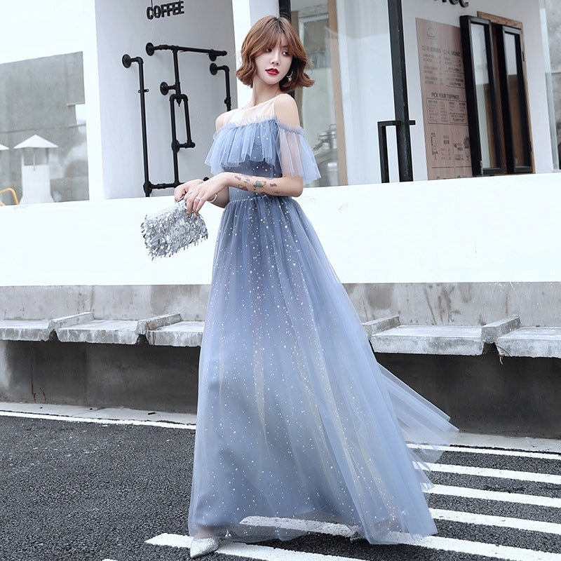 Blue sequined bridesmaid dress cocktail party dress wedding bridal evening gown sister maxi dress concert party dress
