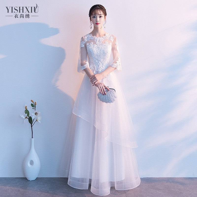 Women White Long Gown Host Dress Birthday Party Dancing Bridle Evenging Gown Model Dress Bridesmaid