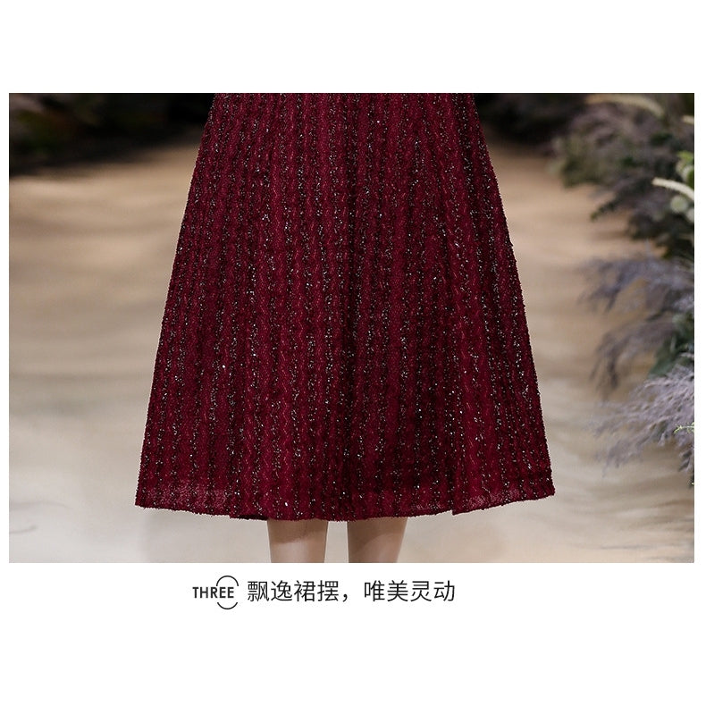 Banquet evening dress red long-sleeved dress women evening dress birthday party dress