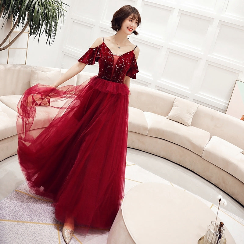 banquet evening dress sling blue long elegant sexy thin host dress