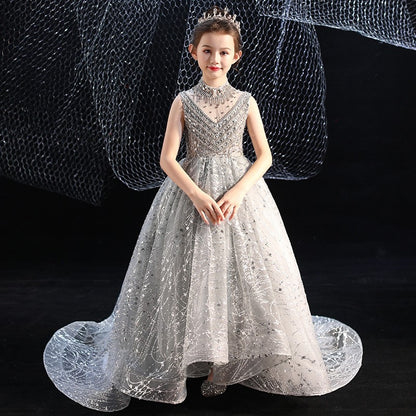 Girl Princess Dress Heavy Hand Make Maxi Dress Grey Sequin Trailing Dress Flower Girl Dress Piano Concert Birthday