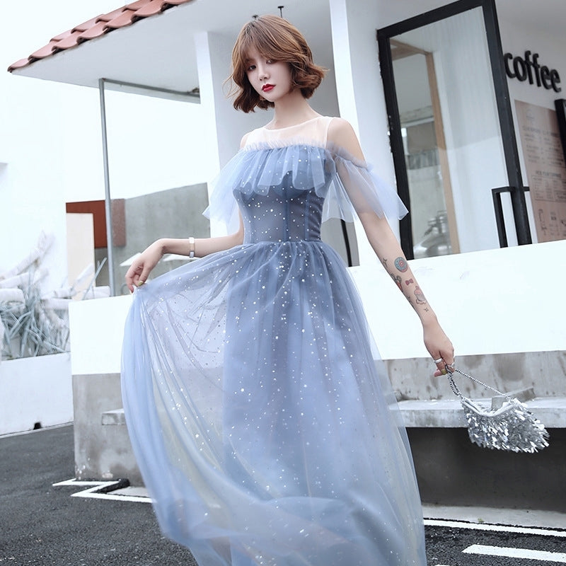 Blue sequined bridesmaid dress cocktail party dress wedding bridal evening gown sister maxi dress concert party dress