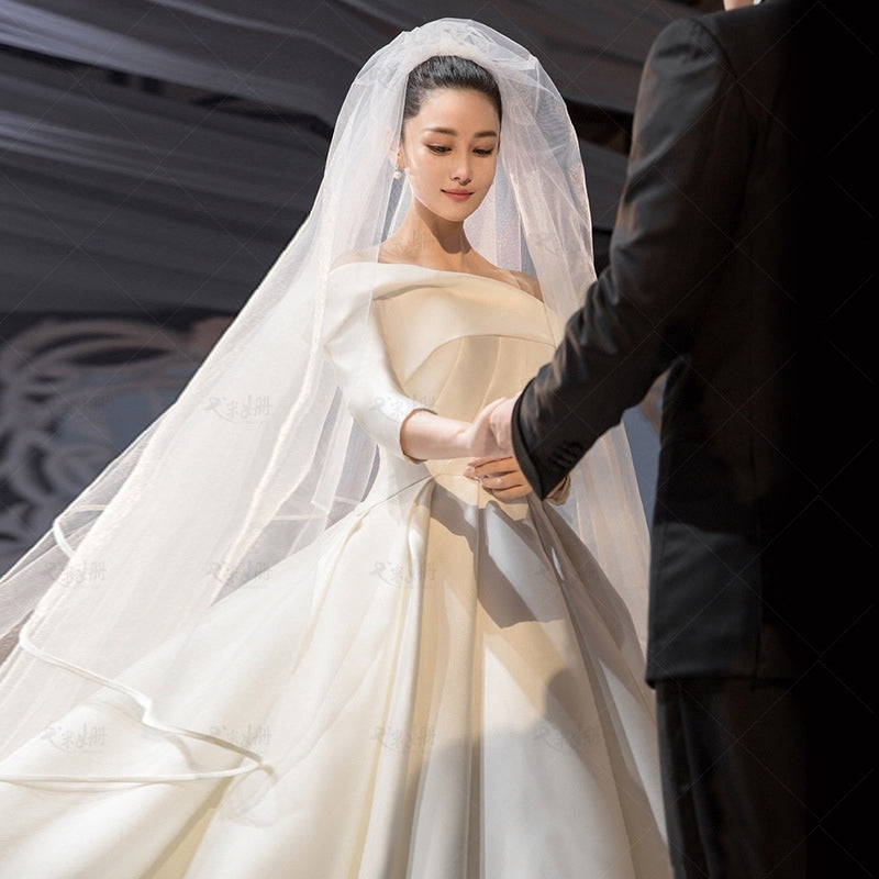 Zhang Sweet With The New Satin Host Wedding Dress Simple Word Shoulder Long