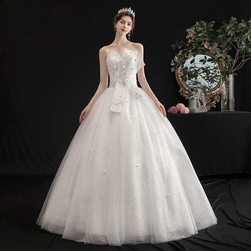 White Lace Flower Beading Bra Wedding Dress