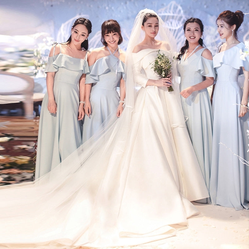 Zhang Sweet With The New Satin Host Wedding Dress Simple Word Shoulder Long
