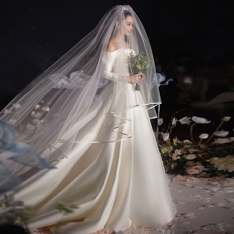 Zhang Sweet With The New Satin Host Wedding Dress Simple Word Shoulder Long