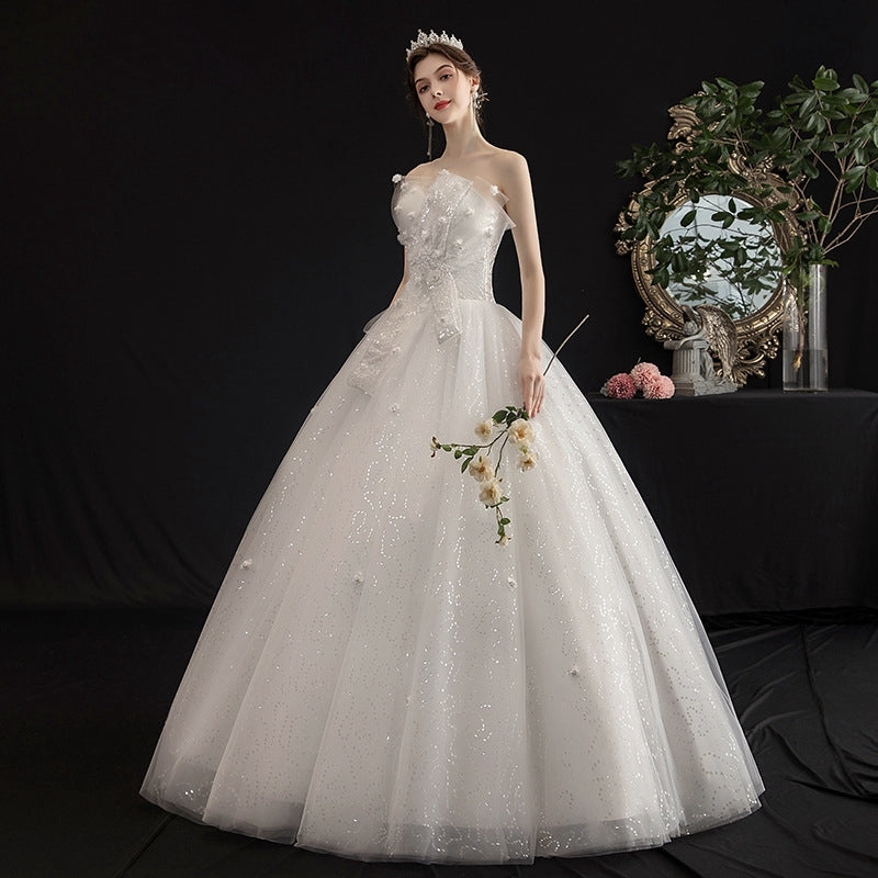 White Lace Flower Beading Bra Wedding Dress