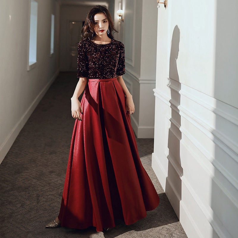 New Blue Birthday Party Dress Long Host Dinner Evening Dress Thin Women Winter