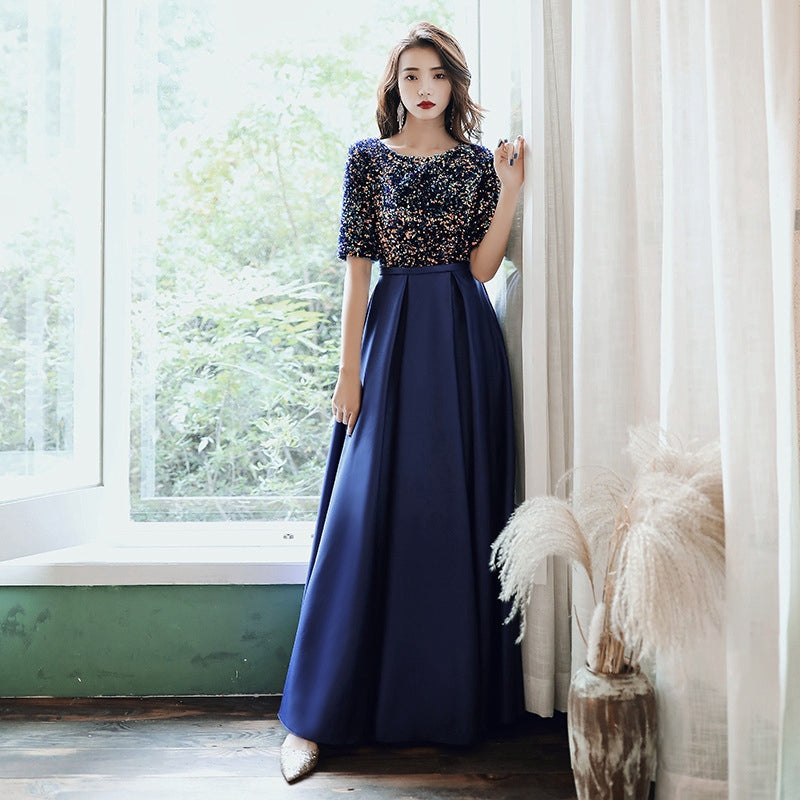 New Blue Birthday Party Dress Long Host Dinner Evening Dress Thin