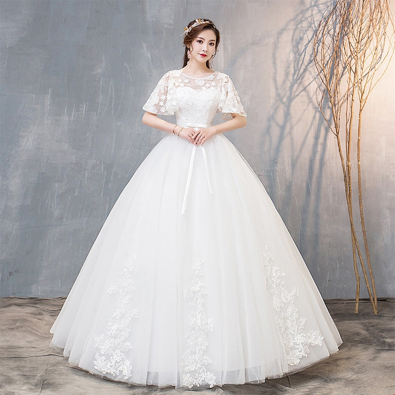 white wedding dress with middle sleeve bridal dress temperament wedding dress