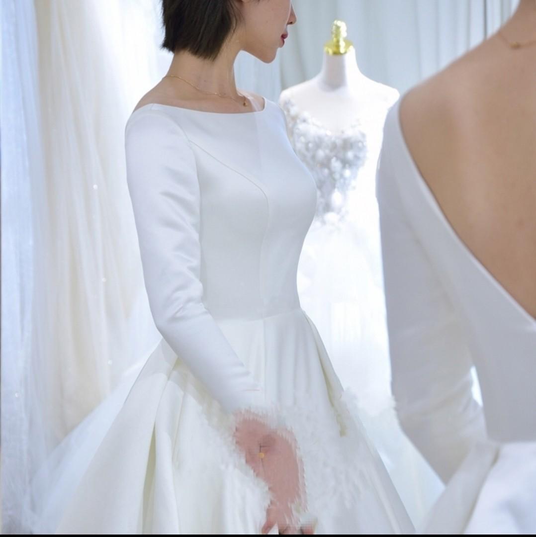 French satin wedding dress long sleeves new slim princess puffy skirt 2022 bride wedding main wedding dress trailing forest series