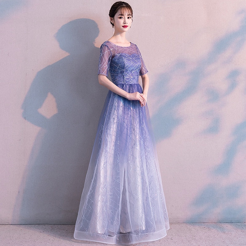 Evening Dress Gradient Blue Color Elegant Party Gowns Women A-line Floor length Short Sleeve Formal Dresses  E048