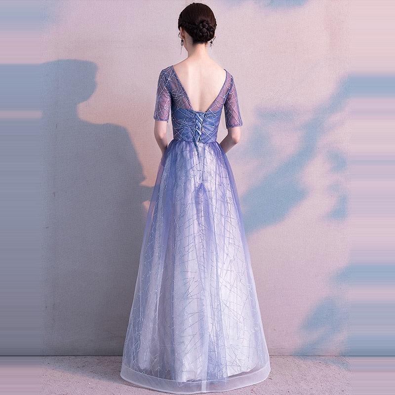 Evening Dress Gradient Blue Color Elegant Party Gowns Women A-line Floor length Short Sleeve Formal Dresses  E048