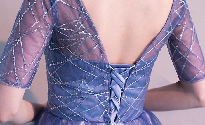 Evening Dress Gradient Blue Color Elegant Party Gowns Women A-line Floor length Short Sleeve Formal Dresses  E048