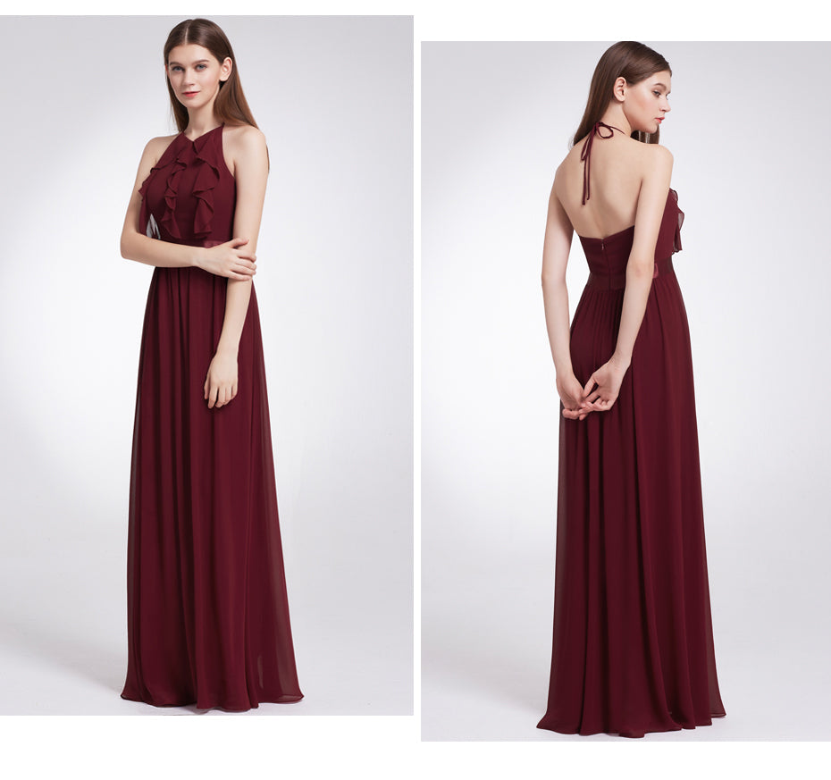 Bridesmaid Dress Ever Pretty Women Elegant Halter Ruffles Adjustable Floor-Length Sleeveless Backless Wedding Party Gowns 07201