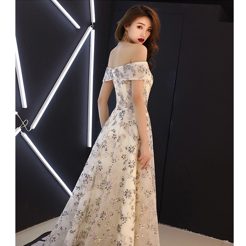 Evening Dress Short Sleeve Backless A-Line Robe De Soiree Sequin Off Shoulder Floor-Length Women Party Dresses E1119