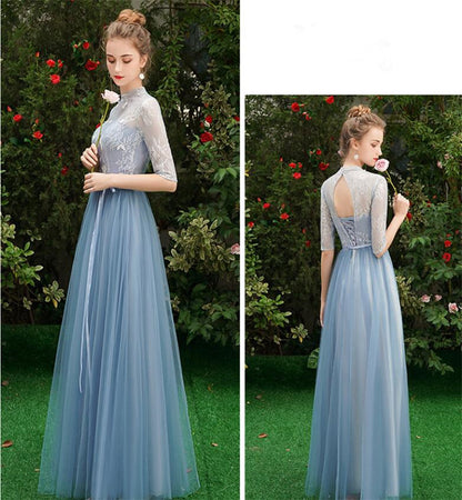 New Dusty Blue Bridesmaid Dress Mismatched Lace Full Sleeve Sweet Prom Party Graduation Dress Sukienki Dla Druhny Robe De Soriee