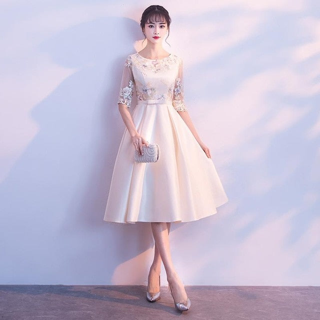 Young Lady Chinese Sexy Elegant Prom Dress Cheongsam Lace Flower Qipao Midi Half Sleeve Pink Round Neck Evening Party Gown