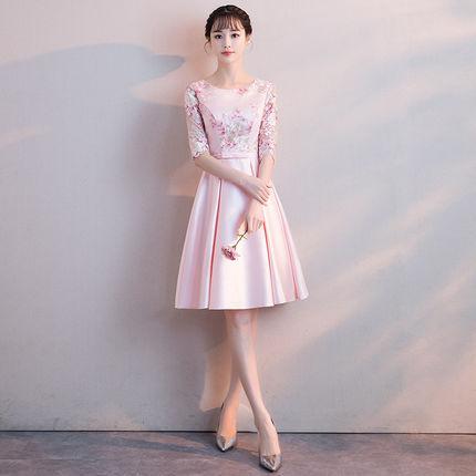 Young Lady Chinese Sexy Elegant Prom Dress Cheongsam Lace Flower Qipao Midi Half Sleeve Pink Round Neck Evening Party Gown
